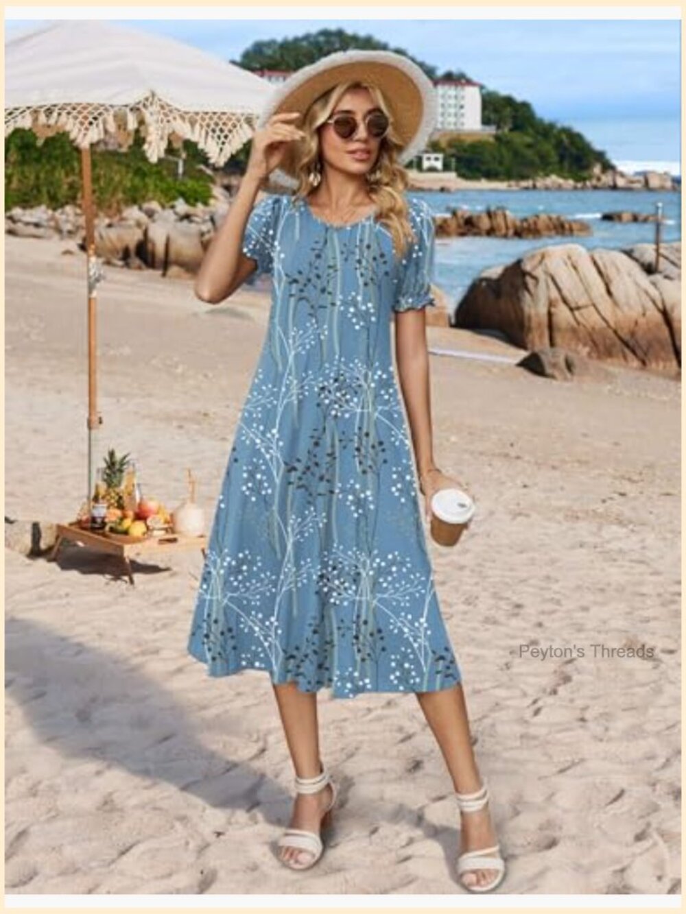 Women's Casual Midi Dress with Puff Sleeves, Pleated Flowy Sundress with - Picture 3 of 7